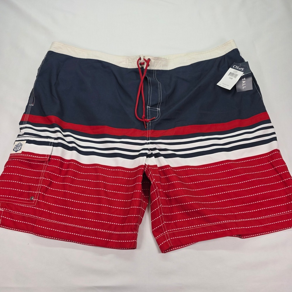 New Chaps Men Big & Tall Swim Trunks Red Navy White Striped Board Shorts 3XB NWT